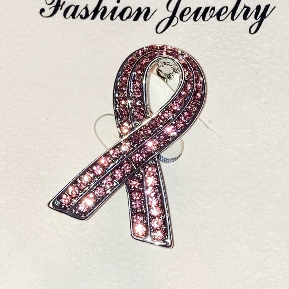 Fashion Jewelry Pink Crystal Ribbon Awareness Brooch - Picture 1 of 4